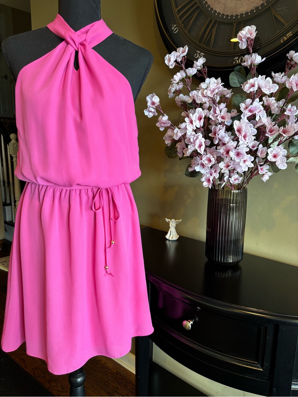 Bebe Bright Pink Halter Neck A-Line Dress